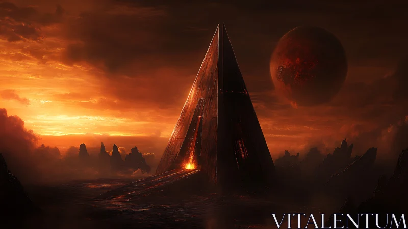 Pyramidal structure stands on volcanic terrain under red sky
