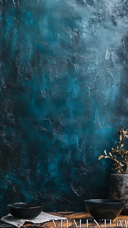 Dark ceramic bowls on wood with textured teal wall backdrop.