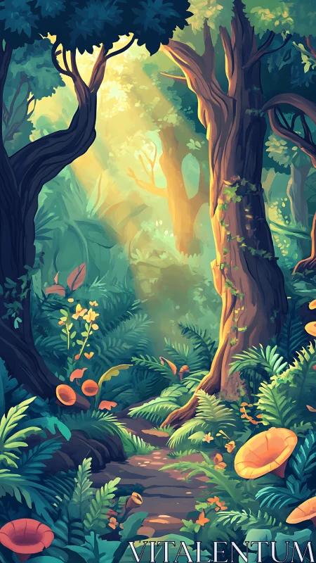 Illuminated forest interior with twisted trees and undergrowth.