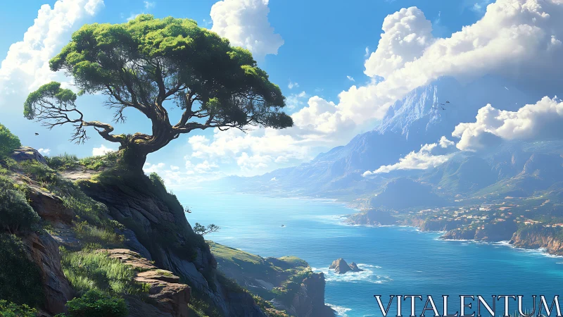 Windswept Tree Overlooks Alpine Mediterranean Coastline.
