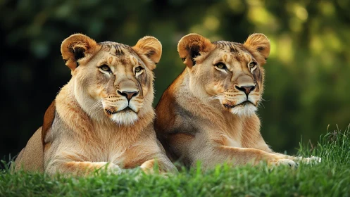 Two Lionesses Rest Against Verdant Background.