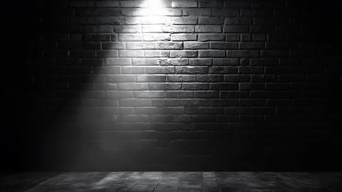 Illuminated black brick wall under a single overhead light.