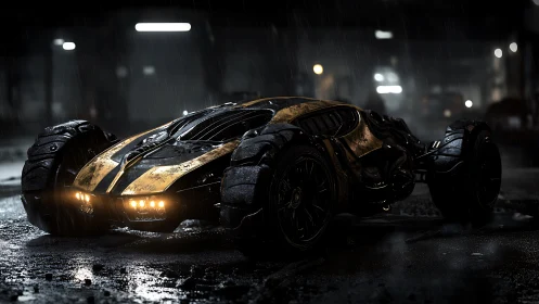 Midnight hunter car prowls through rain slick neon shadows