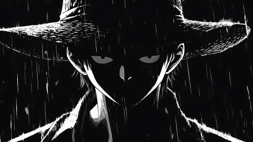 Silhouetted anime figure in straw hat under vertical rain pattern.