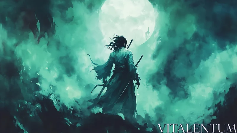 Lone warrior stands before a luminous full moon in mist.