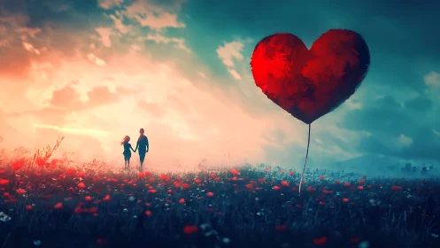 Silhouetted figures beneath oversized heart balloon in flowering field.