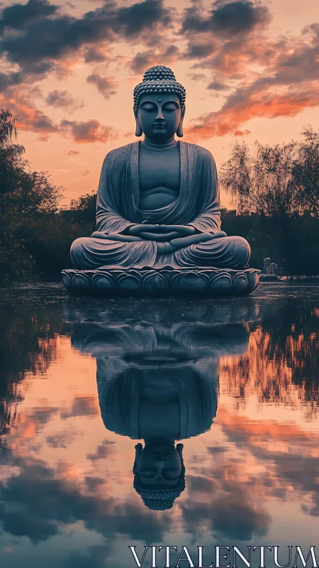 Twilight Buddha mirrored in hush-blue waters of dusk.