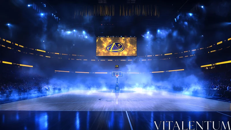 Pre-game arena spectacle under dramatic blue smoke lights.