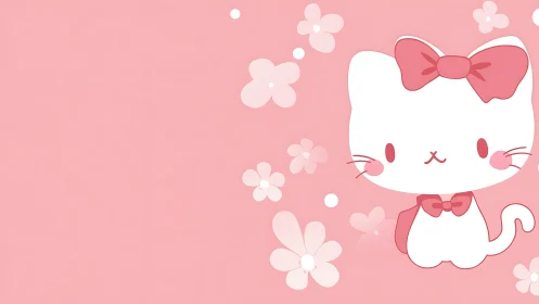 Cartoon white kitten with bows on solid pink floral background