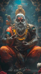 Majestic warrior deity sits enthroned in vibrant mystic haze