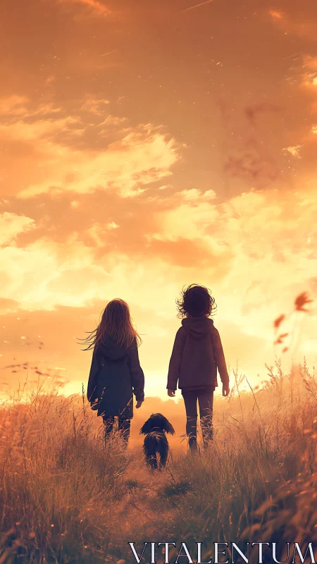 Children and dog walking through glowing sunset field.