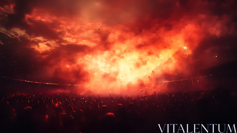 Stadium crowd under explosive red pyrotechnic sky.