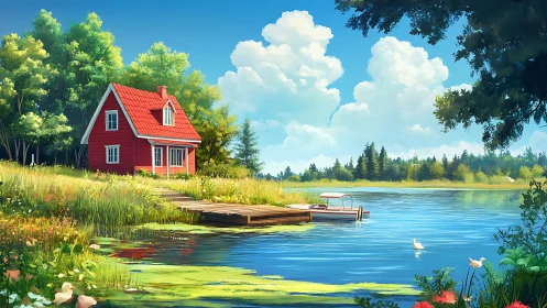 Red Cottage Architecture Positioned Adjacent to Riparian Ecosystem.