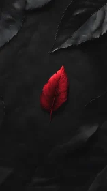 Solitary red leaf glows against smooth dark foliage