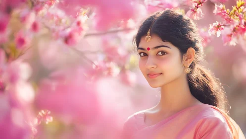 Young Indian woman in traditional attire among spring blossoms, soft focus.