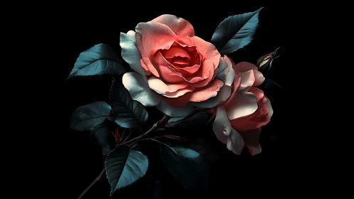 Luminous coral roses bloom against darkness with grace