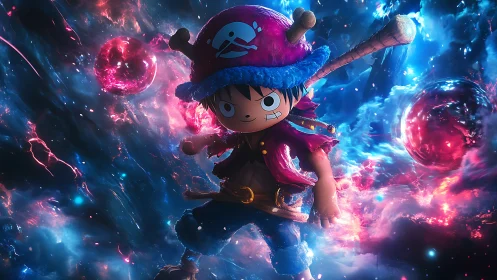 Cel-shaded space hero rendered in luminous 3D nebula field