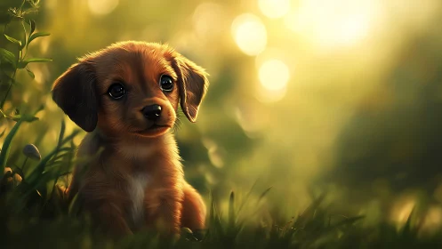 Sweet golden puppy resting softly in warm evening light.