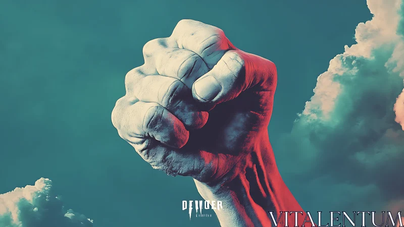 Monumental clenched fist rendered in teal and crimson sky.