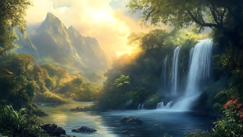 Lush mountain valley with cascading waterfalls at sunrise.