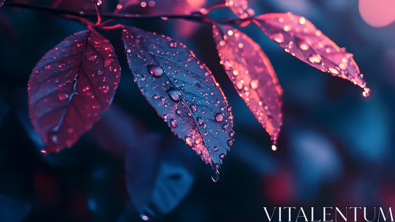 Neon-lit raindrops sparkle on crimson leaves at twilight.