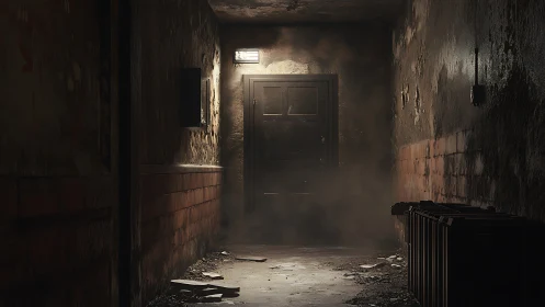 Dim corridor terminates at closed door with localized light source