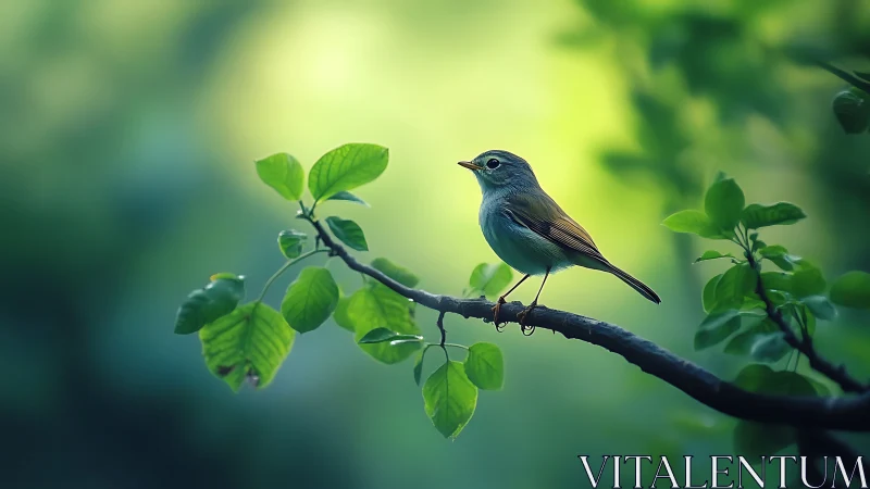 Small songbird perched on leafy branch in soft, dreamy light.