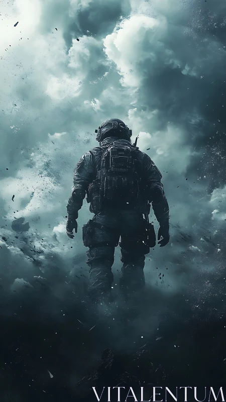 Armored soldier rises through stormy smoke and debris field