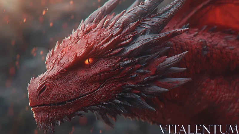 Ember-eyed crimson dragon basking in drifting cinders.