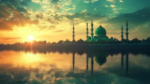 Sunlit mosque and minarets glow above tranquil reflective lake