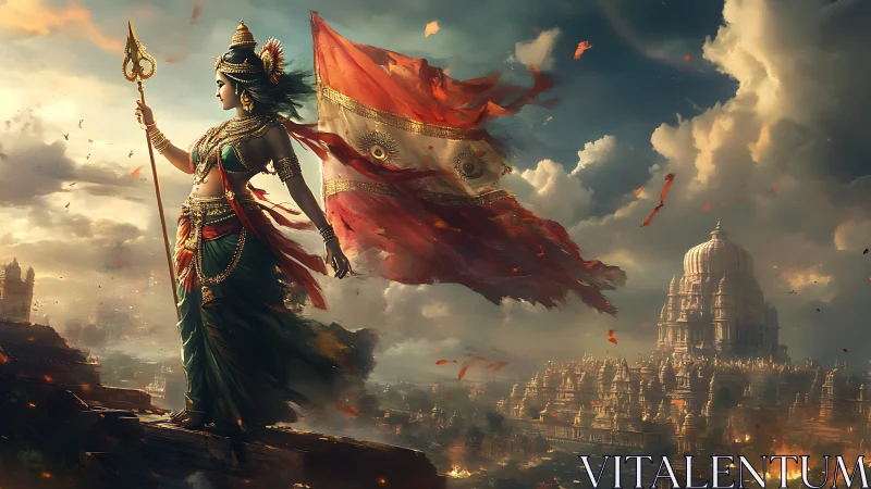 Warrior goddess overlooks ancient temple city at dawn