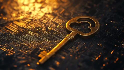Golden key rendered on reflective circuit surface under warm light