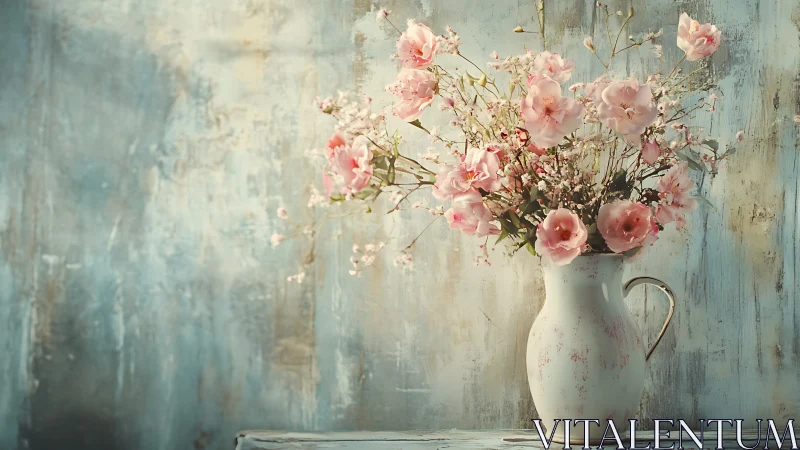 Pink Roses in Vintage White Pitcher Against Distressed Blue Wall