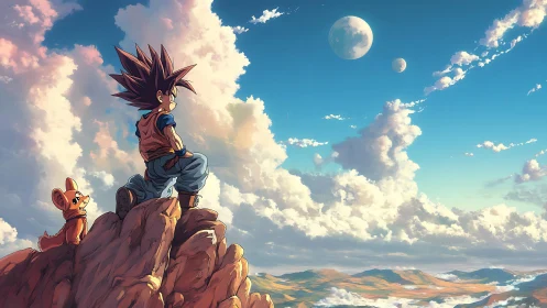 Boy and small animal stand on rocky peak under distant moons