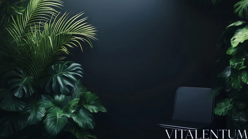 Black chair beside lush tropical plants on dark wall.
