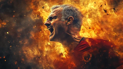 Fiery digital portrait of shouting football player in flames.