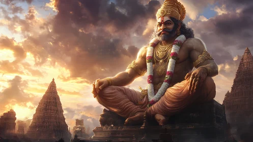 Colossal seated deity dominates temple complex at sunset