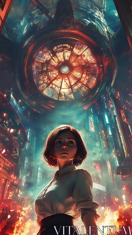 Young woman stands under burning circular structure in city