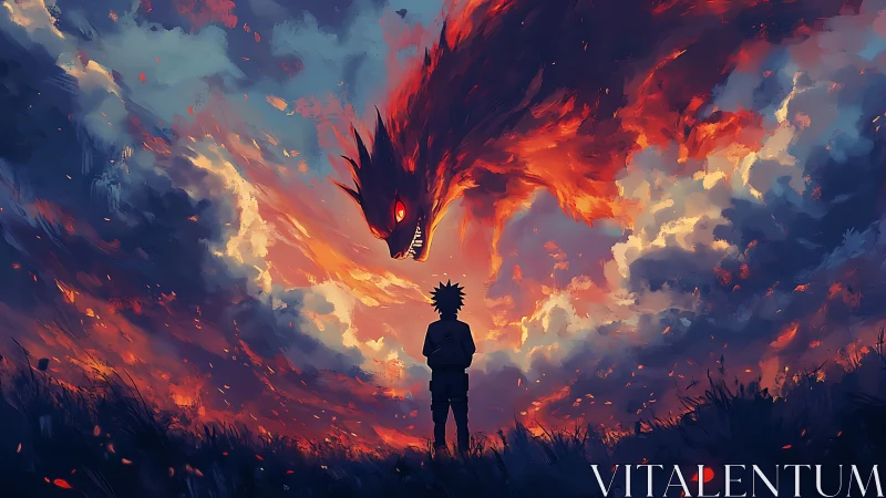 Solitary anime figure facing fiery skyborne demon entity