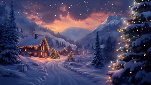Snowlit mountain village wrapped in glowing winter enchantment.