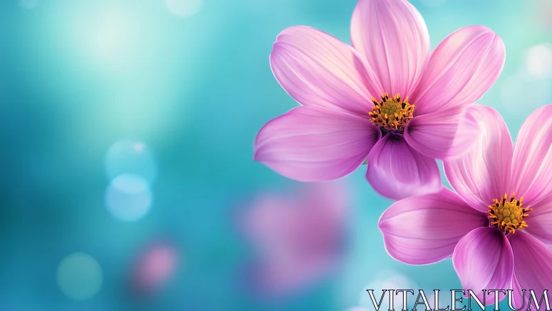 Pink cosmos flowers against turquoise background.