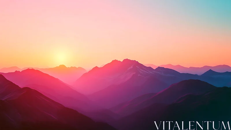 Soft pastel sunrise gently melts over tranquil mountain peaks