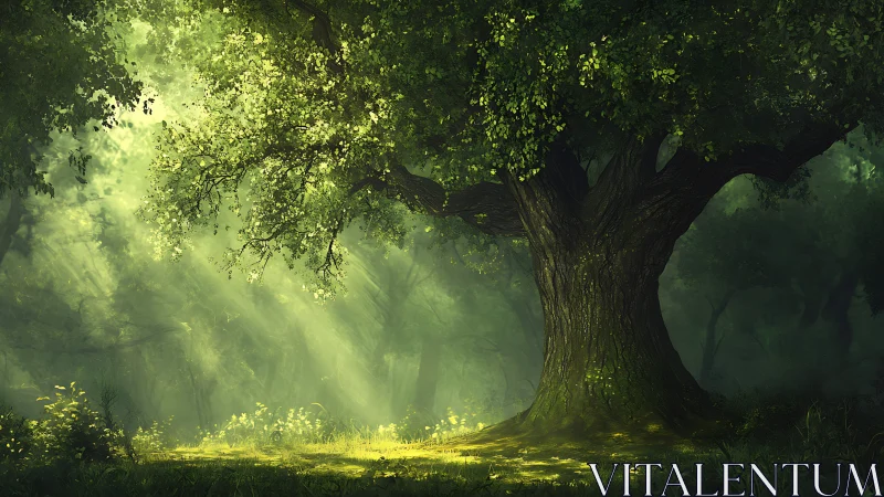 Ancient tree in luminous forest with atmospheric light rays