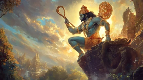 Dynamic mythic warrior poised on rock amid radiant temple valley