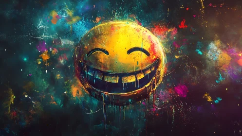 Smiling yellow emoticon face painted in vivid dripping colors