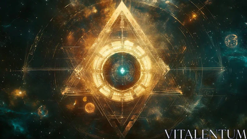 Cosmic golden eye gazes from a glowing geometric gateway