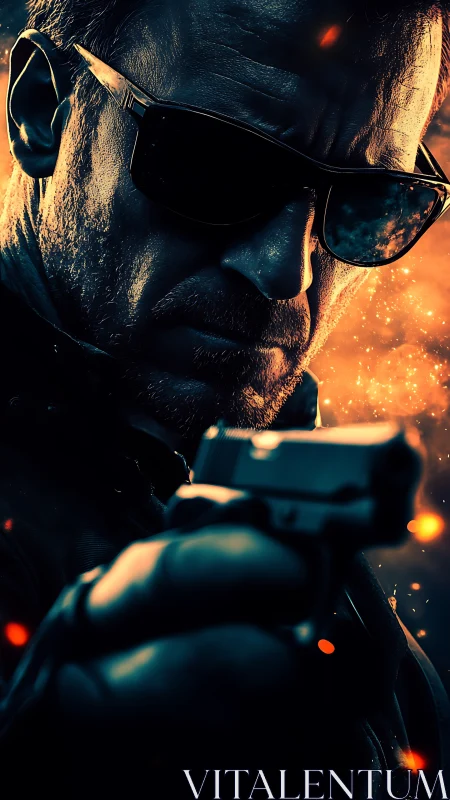 Male figure with handgun in high-contrast fiery lighting.