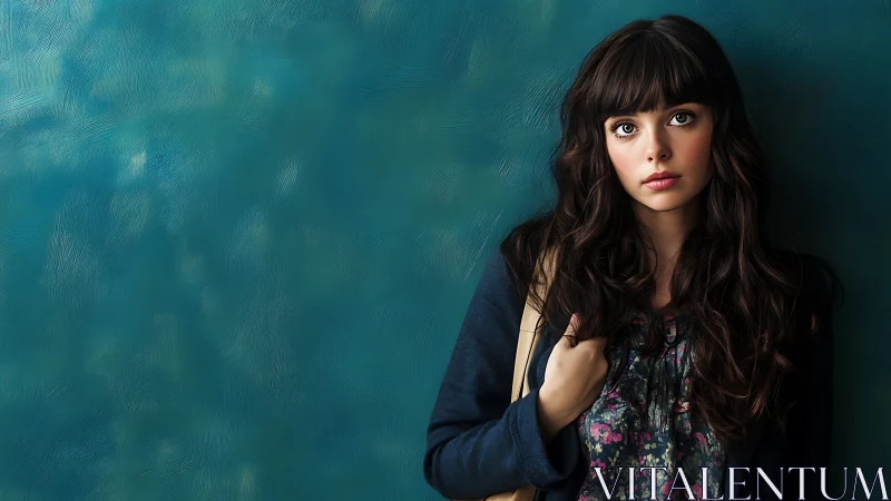 Young woman with long dark hair in floral shirt, modern portrait.