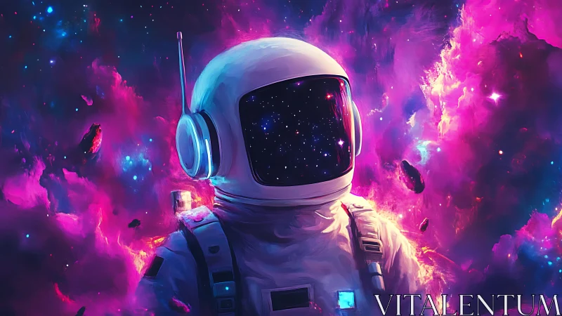 Nebula-splashed astronaut quietly wears the whole universe