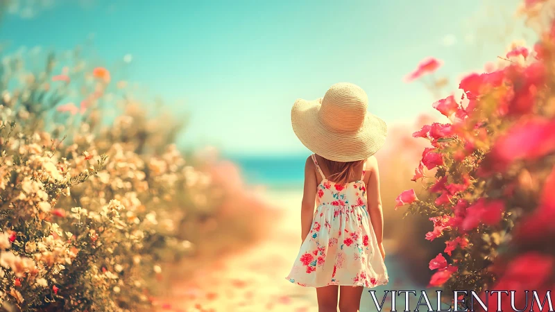 Backlit floral pathway with child in sunhat at seaside promenade.
